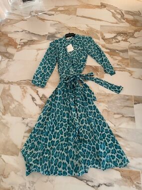 DVF Women's Teal Leopard Print Wrap Cover Up Dress size L *NWT*